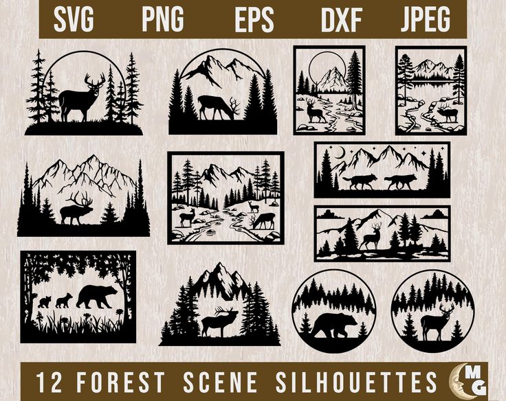 Forest Silhouette, Mountain Svg, Animal Svg, Beautiful Forest, Woodland Animal, Forest Landscape, Stencil Painting, Wildlife Art, Silhouette Svg