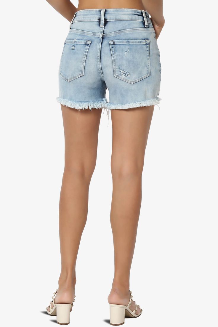 Effortless style is imbued into these denim shorts through considered distressed detailing. The high-waisted pair features large rips at the front and is finished with a raw hem that completes its irreverent design. Women's Stretchy Denim Shorts goes well with summer casual blouse, t-shirts for home, summer holidays, casual, daily life, shopping, going out, party, street look.Washed light blue denim shortsBelt loops, Five pockets, Ripped and distressed detailsUnfinished hem, Faded finish, Design Light Wash Distressed Cutoff Shorts, Distressed Light Wash Cutoff Shorts, Trendy High-waisted Distressed Jean Shorts, Trendy Distressed High-waisted Jean Shorts, Trendy High-rise Ripped Shorts, Light Wash High-waisted Distressed Jean Shorts, Ripped High-waisted Medium Wash Shorts, Trendy High Rise Distressed Jean Shorts, Light Wash Distressed Jean Shorts