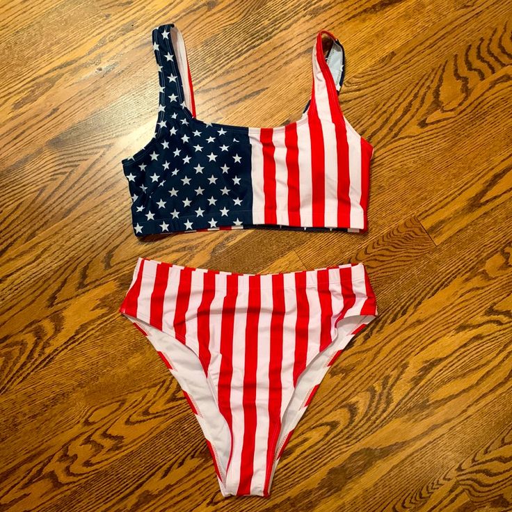 Red And White Striped High Cut, High Waisted, Cheeky Bottoms, With Sporty Top. Never Worn Patriotic Red Swimwear For The Beach, Red Swimwear For 4th Of July Vacation, Red American Flag Print Swimwear For Beach, Red Patriotic Swimwear With American Flag Print, Patriotic Red Fitted Swimwear, Patriotic Red Swimwear With American Flag Print, Red Beachwear Swimwear For 4th Of July, Red Swimwear For 4th Of July Pool Party, 4th Of July Red Beachwear Swimwear