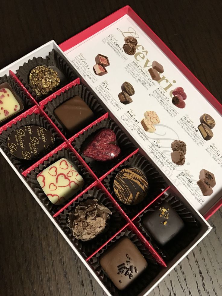 a box filled with lots of different types of chocolates