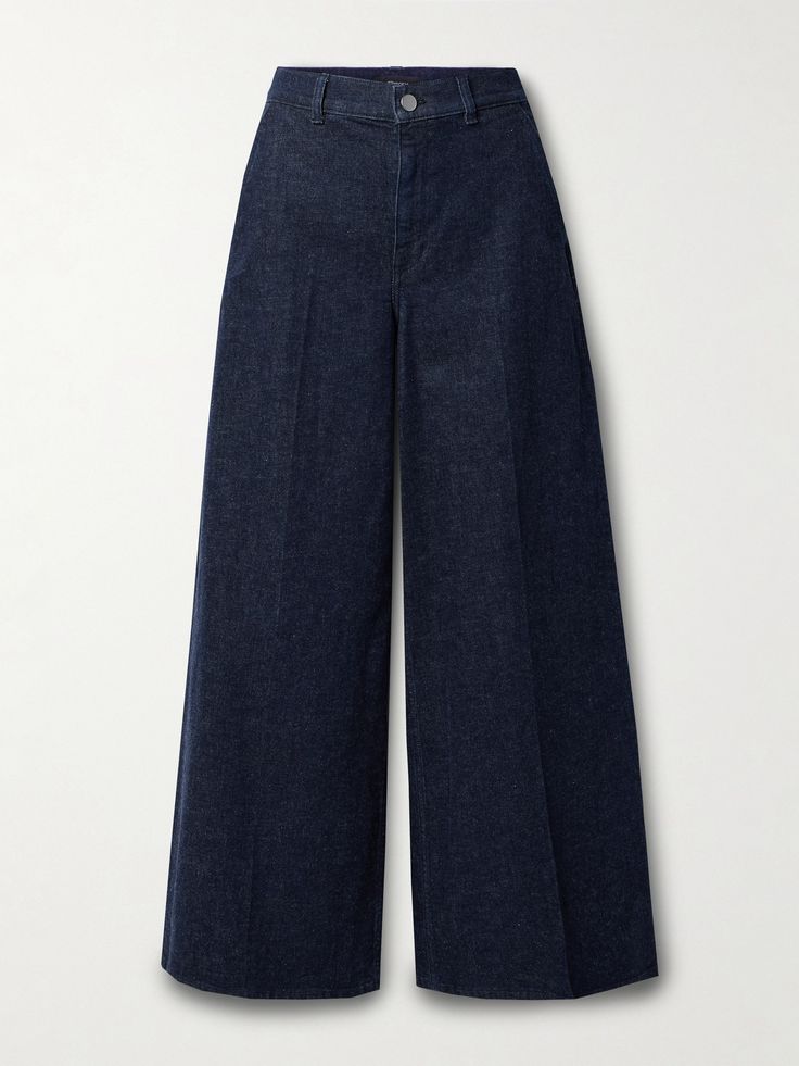 Theory's wide-leg jeans can be worn with everything from blazers to bodysuits. Cut from dark-blue denim and cropped above the ankles, they sit high on the waist and have pressed creases down the front. Dark Blue Wide Leg Jeans Outfit, Theory Clothing, Dark Blue Denim Jeans, Wide Leg Jeans Outfit, High Rise Wide Leg Jeans, Dark Denim Jeans, Wide Trousers, Dark Blue Jeans, Dark Jeans