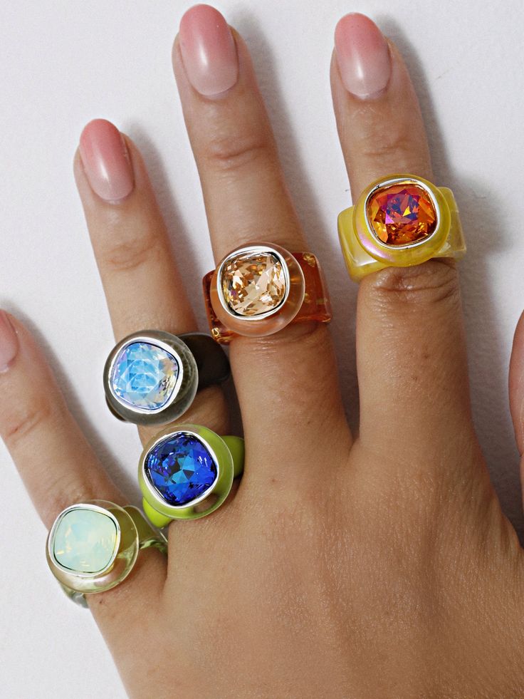 Swarovski Cocktail Rings | Modern Ring Designer – MOUNSER Ring Pops, Enameling Jewelry, Rave Culture, Beautiful Baubles, Ring Pop, Acrylic Ring, Bold Rings, Taking Shape, Chunky Rings