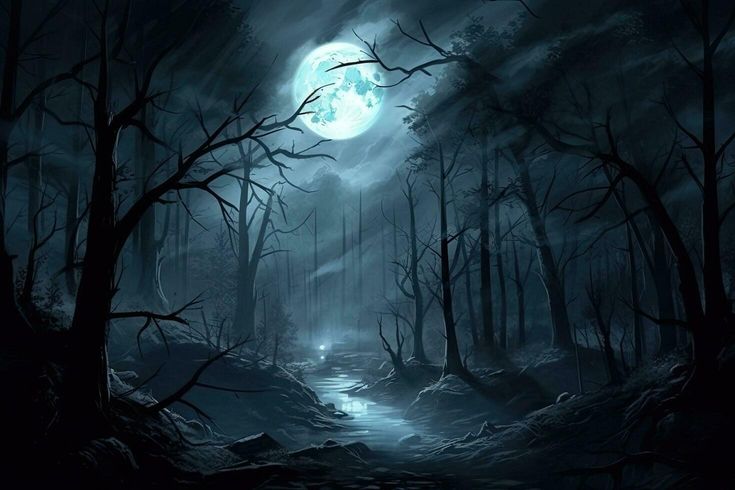 a dark forest filled with lots of trees under a moon lit sky and full moon