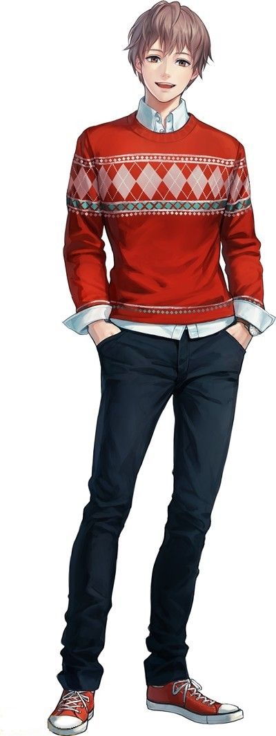 an anime character wearing a red sweater and black pants