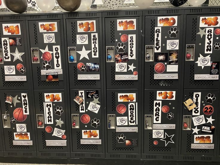 several lockers with basketball stickers on them