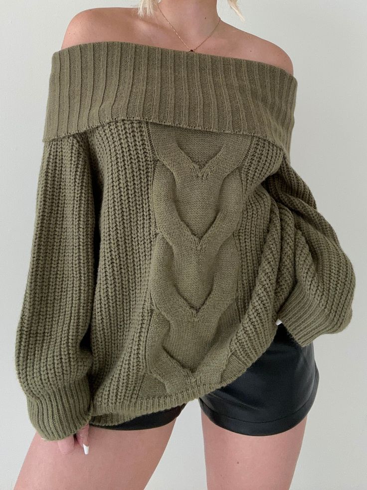 Details: Off the shoulder sweater Cable knit Thick knit Stretchy Size + Fit: Model is 5'4 Wearing size small Fabric + Care: 100% polyester Shipping + Return: Free US ground shipping on orders $100+ We offer free returns and a refund in the form of store credit with items not worn within 10 days of delivery For more info on returns visit our returns page Mini Shoulder Sweater, One Shoulder Sweater Green, Padded Shoulder Sweater, Off The Shoulder Tunic Sweater, Cute Autumn Sweaters, Off Shoulder Sweater Oversized, Oversized Off Shoulder Sweater, Off Shoulder Sweaters, Off Shoulder Sweater Aesthetic