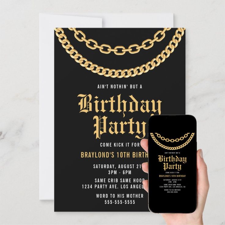 a black and gold birthday party card with a hand holding up a cell phone next to it