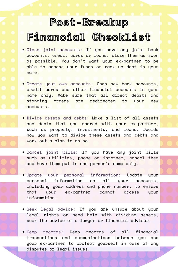 a poster with the words post - break up financial checklist written in pink and yellow