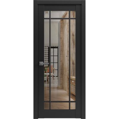 an open glass door with wood paneling on the side and black frame around it