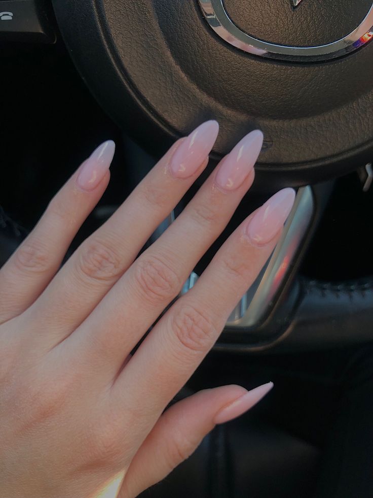 Work Almond Nails, Simple Nails Oval Shape, Natural Nail Color Almond Shape, Ballet Slipper Nails Shape, Almond Nails Ideas Solid Colors, Medium Almond Shape Nails, Translucent Pink Nails Almond, Pinky Nude Nails Almond, Plain Almond Acrylic Nails