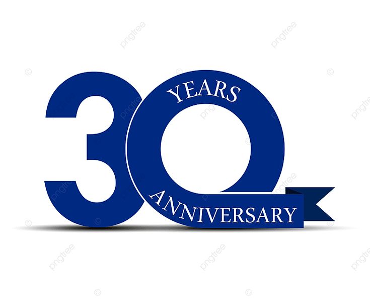 an anniversary logo with the number thirty years in blue and white, on a white background