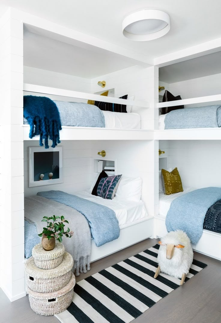 a room with bunk beds and rugs on the floor