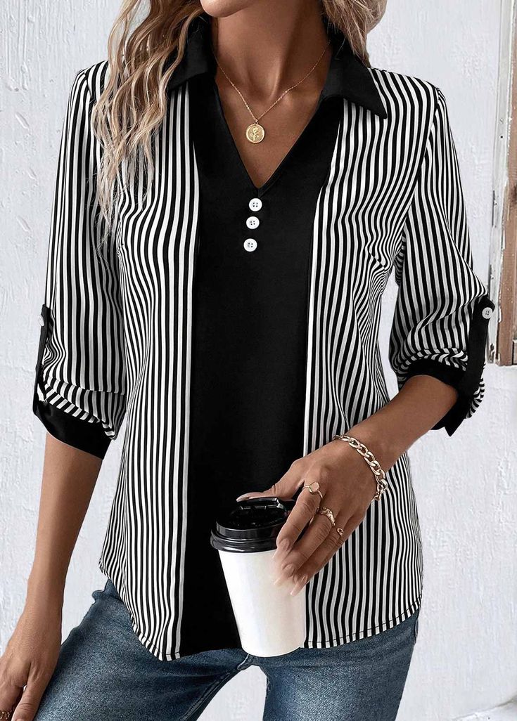 Shirt Collar Blouse, Geometric Clothing, Sewing Tops, Black Long Sleeve Shirt, Striped Long Sleeve Shirt, Women Shirts Blouse, Collar Blouse, Black Button, Shirt Collar