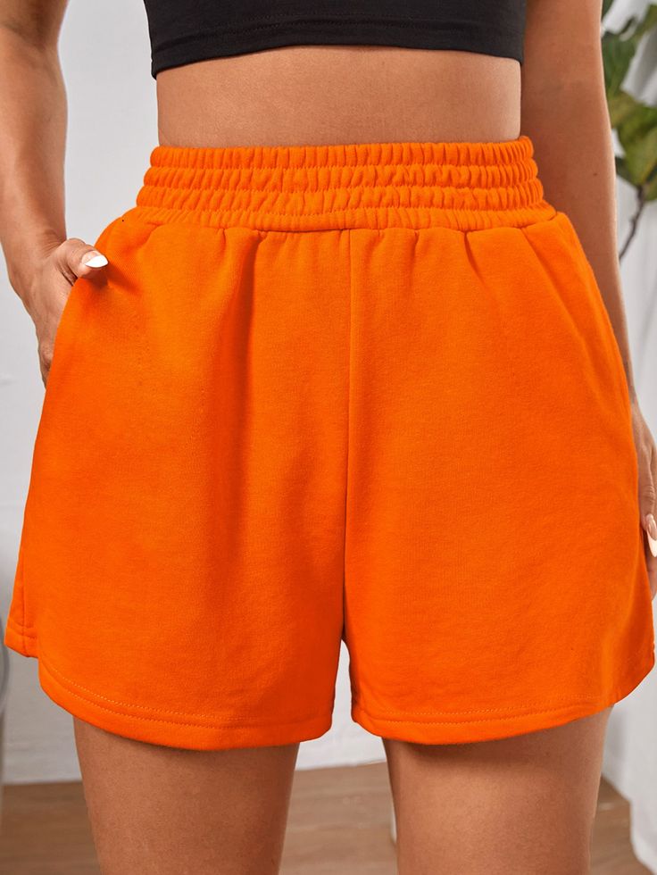 Neon Orange Elastic Waist Shorts Orange Casual   Fabric Plain Track Shorts Non-Stretch Summer Women Clothing, size features are:Bust: ,Length: ,Sleeve Length: Cute Orange Clothes, Orange Shorts Outfit Summer, Orange Shorts Outfit, Orange Clothes, Orange Clothing, Orange Bottoms, Neon Shorts, Summer Pants Women, Sports Sweatpants