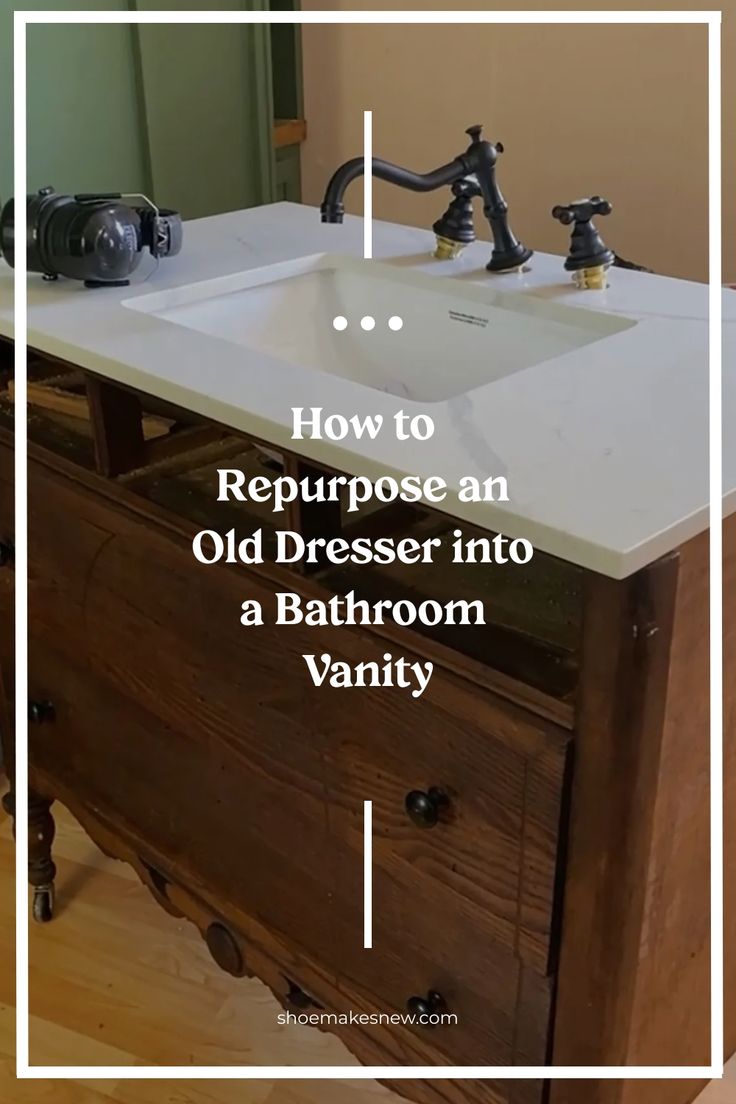 How to repurpose an old dresser into a bathroom vanity. Repurposed Furniture For Bathroom Vanity, Space Saving Bathroom Vanity, Vintage Wood Bathroom Vanity, Fyi Bathroom Vanity, Vessel Bathroom Sink Vanity, Bathroom Vanity Dresser Diy, Diy Bathroom Vanity Cabinet, Diy Vintage Bathroom Vanity, Diy Vanity Unit