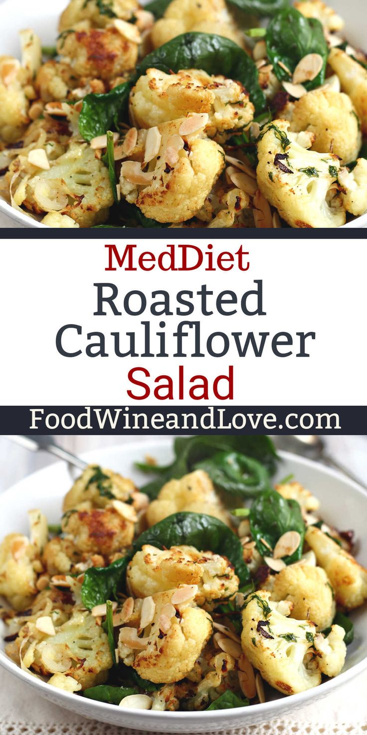 roasted cauliflower salad in a white bowl with spinach leaves and almonds