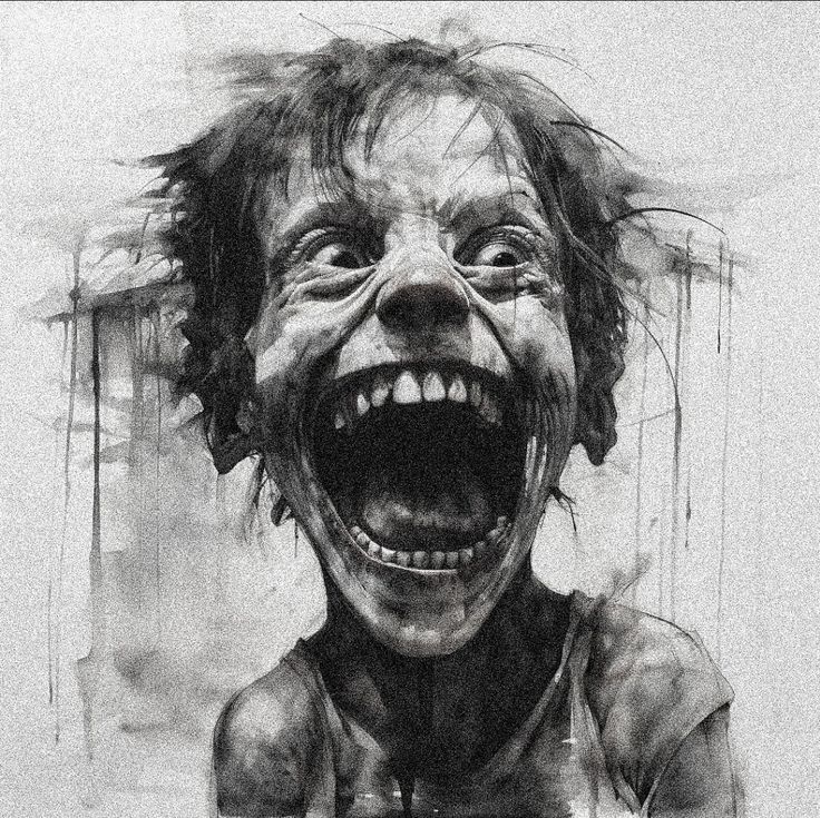 a black and white drawing of a person with an evil smile on it's face