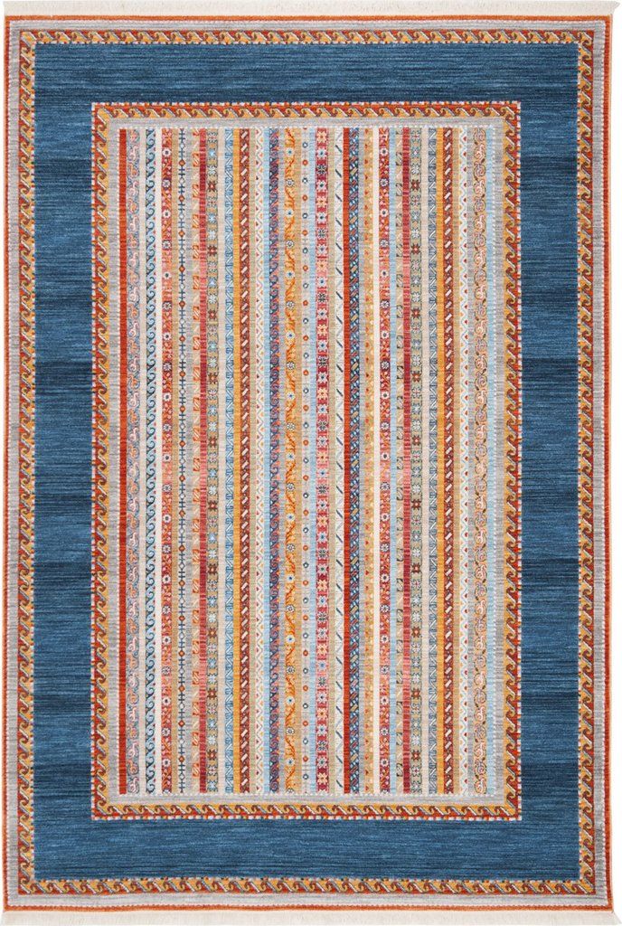 a blue rug with multicolored stripes on it