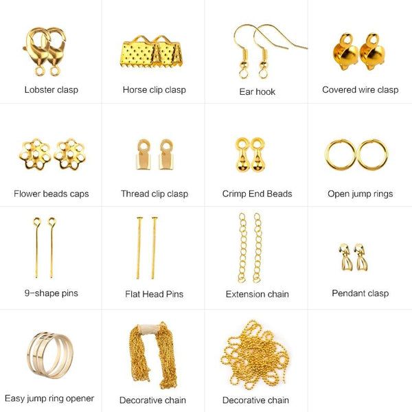 many different types of earrings and chains are shown in this image, with the description below