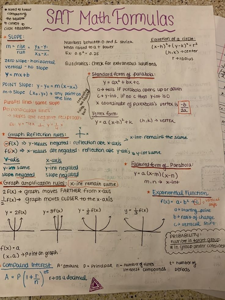 a piece of paper with writing on it that says sat math formulas written in different languages