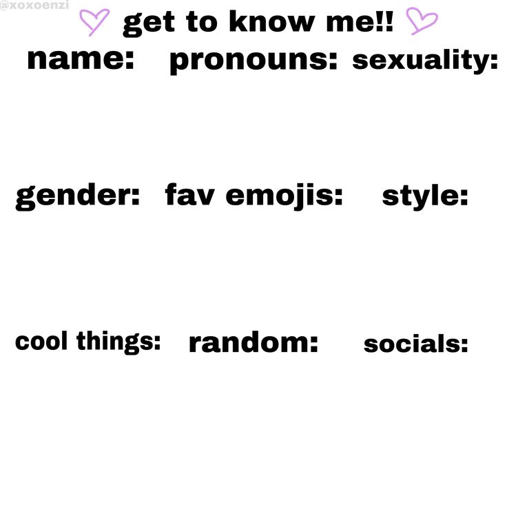 some type of text that is in the same language as other words, and it says get to know me name pronous sexuality gender fav emojis style cool things random random socials