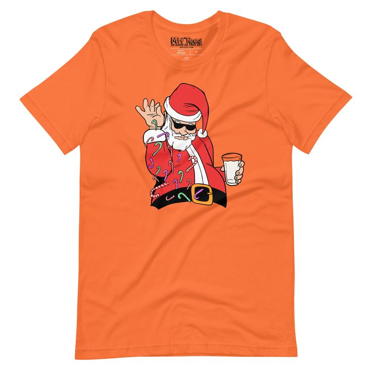 Funny Santa Claus t-shirt with Santa throwing candy canes while holding a glass of eggnog. A funny Santa Bae graphic tee for anybody feeling festive during the holidays and looking for a funny Santa t-shirt for a Christmas party. • 100% combed and ring-spun cotton (Heather colors contain polyester) • Fabric weight: 4.2 oz./yd.² (142 g/m²) • Pre-shrunk fabric • Side-seamed construction • Shoulder-to-shoulder taping • Blank product sourced from Nicaragua, Mexico, Honduras, or the US Fun Short Sleeve T-shirt For Holidays, Fun Graphic Print T-shirt For Holiday, Red Graphic Print T-shirt For Party, Fun Holiday T-shirt With Short Sleeves, Fun Holiday T-shirt With Graphic Print, Party Red T-shirt With Graphic Print, Funny Short Sleeve T-shirt For Party, Holiday Fun Short Sleeve T-shirt, Funny Crew Neck T-shirt For Party