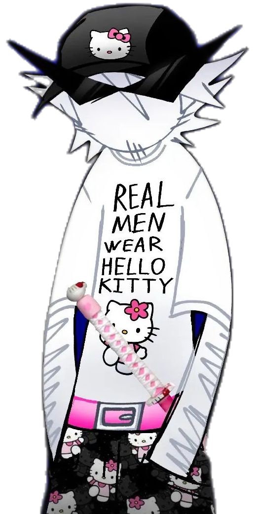 an image of a hello kitty cartoon character in white shirt and black hat with pink bow tie