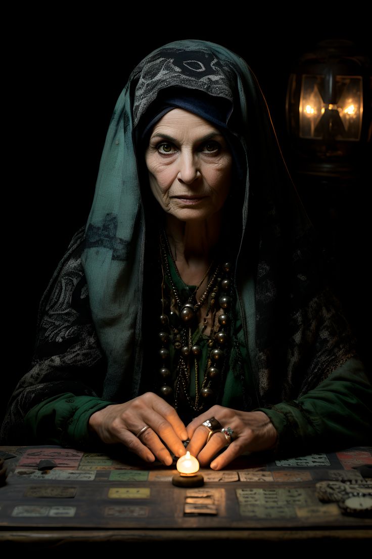 a woman in a green shawl is holding a lit candle and looking at the camera