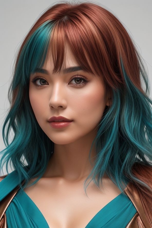 Teal Hair Shadow Root, Teal Color Block Hair, Auburn And Teal Hair, Auburn Hair With Colored Streaks, Colored Hair Trends 2023, Teal Hair Character Art, Red Hair With Teal Highlights, Red Hair With Green Highlights, Fun Hair Colours