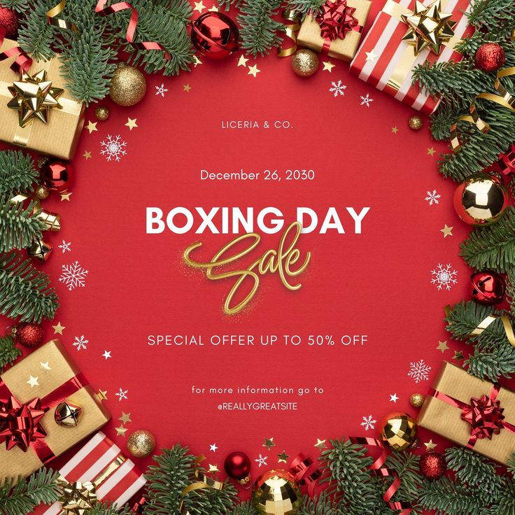 boxing day sale banner with presents and christmas decorations around the wreath on a red background