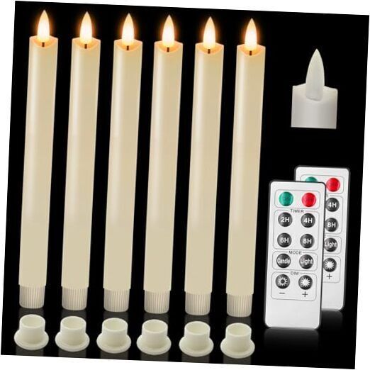 six white candles with remote controls next to each other