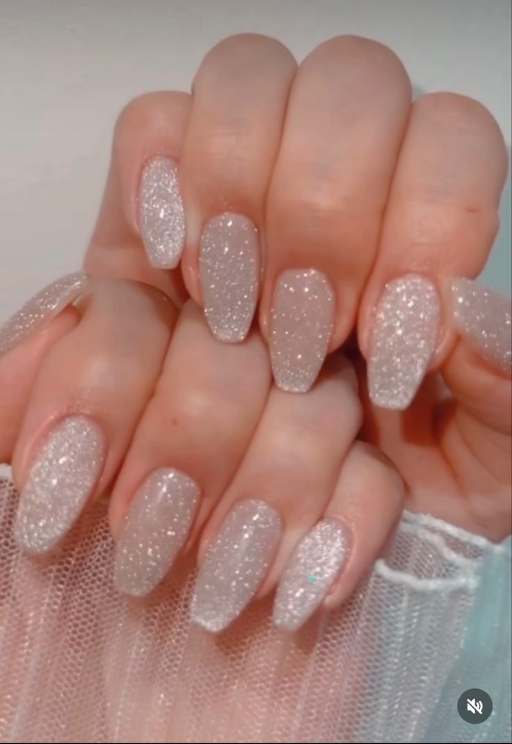 White Nails With Glitter Top Coat, Silver Or White Nails, Simple White Sparkle Nails, Sparkling White Nails, Subtle Sparkly Nails, White Square Nails With Glitter, Engagement Party Nails Brides, Light Silver Nails, White With Silver Glitter Nails