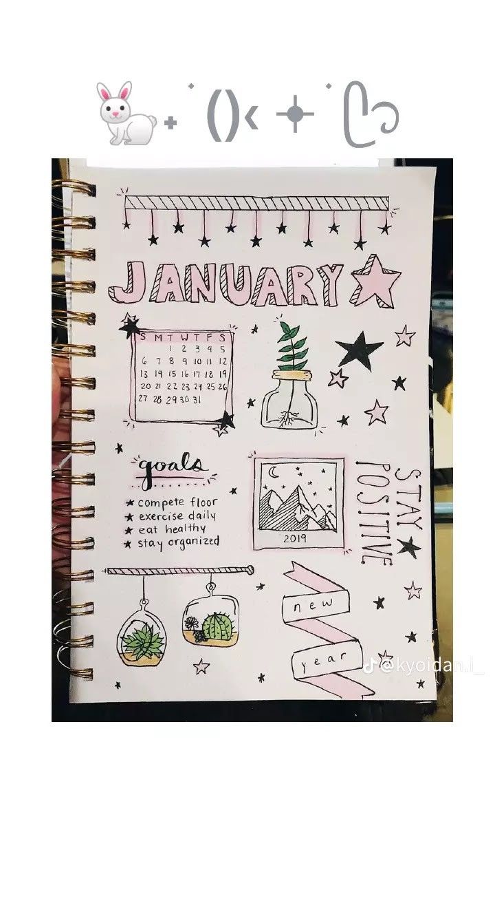 a spiral notebook with the words january written in pink and black on it, surrounded by stars