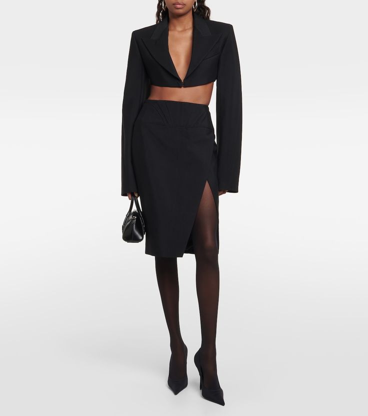 Cropped Blazer in Black - Mugler | Mytheresa Fitted Wool Cropped Jacket For Work, Fitted Wool Cropped Jacket For Office, Tailored Luxury Skirt Suit For Formal Occasions, Luxury Tailored Skirt Suit For Formal Occasions, Luxury Fitted Skirt Suit For Business, Chic Tailored Wool Cropped Jacket, Chic Blazer With Structured Boning For Business, Tailored Spring Blazer With Concealed Front Fastening, Elegant Wool Cropped Jacket For Work