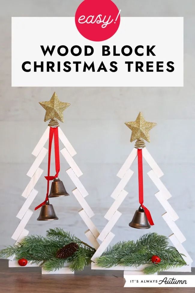 two christmas trees made out of wood sticks with the words easy wooden block christmas trees