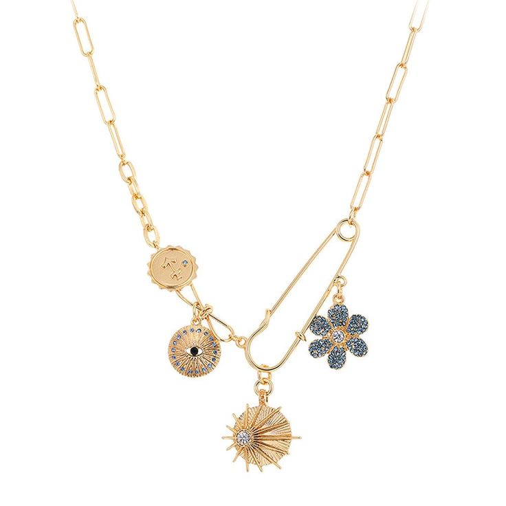 a gold necklace with charms on it and a starfish, shell, and seashell