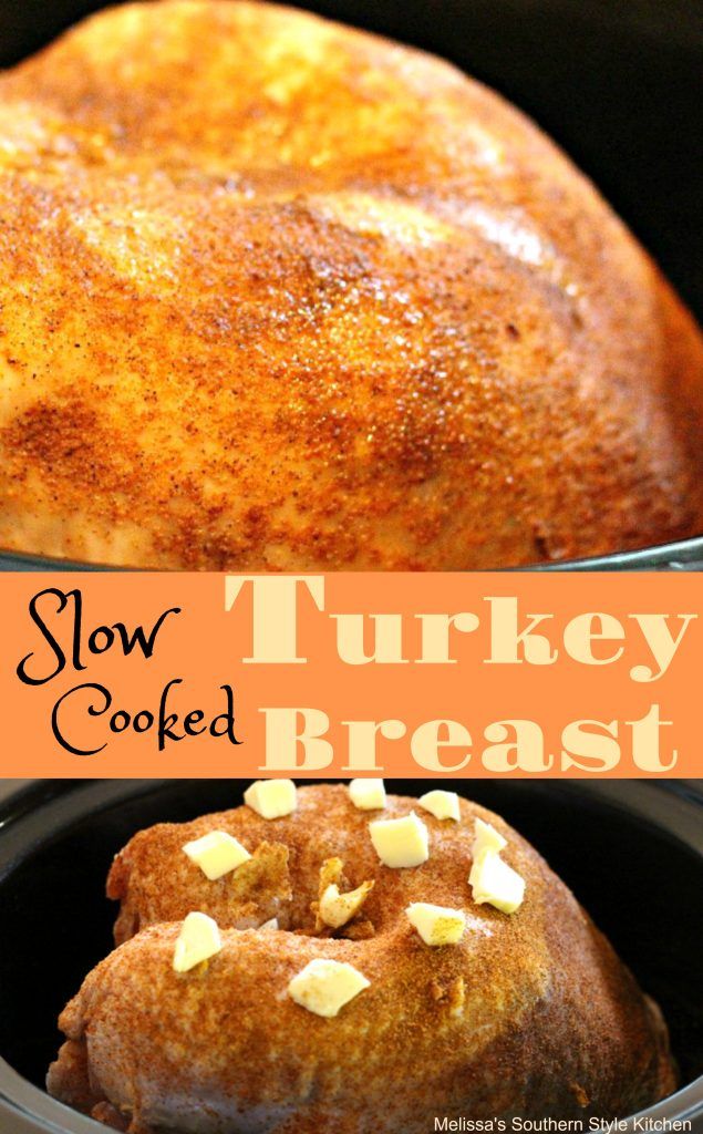 slow cooked turkey breast is in the crock pot and ready to be baked with butter