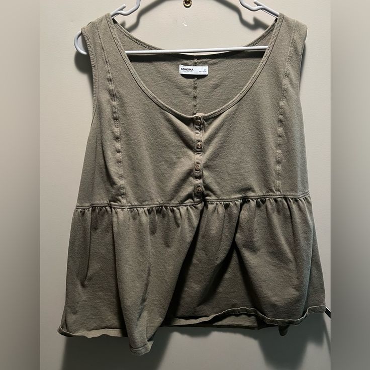 Nwot Sonoma Sleeveless Peplum Top In Olive Green 60% Cotton 40% Modal Sleeveless Casual Peplum Top For Summer, Casual Sleeveless Peplum Top For Summer, Casual Sleeveless Peplum Top For Day Out, Sleeveless Cotton Peplum Top For Day Out, Black And White Flannel, Sleeveless Peplum Top, Print Tank, Striped Tank, Printed Tank Tops