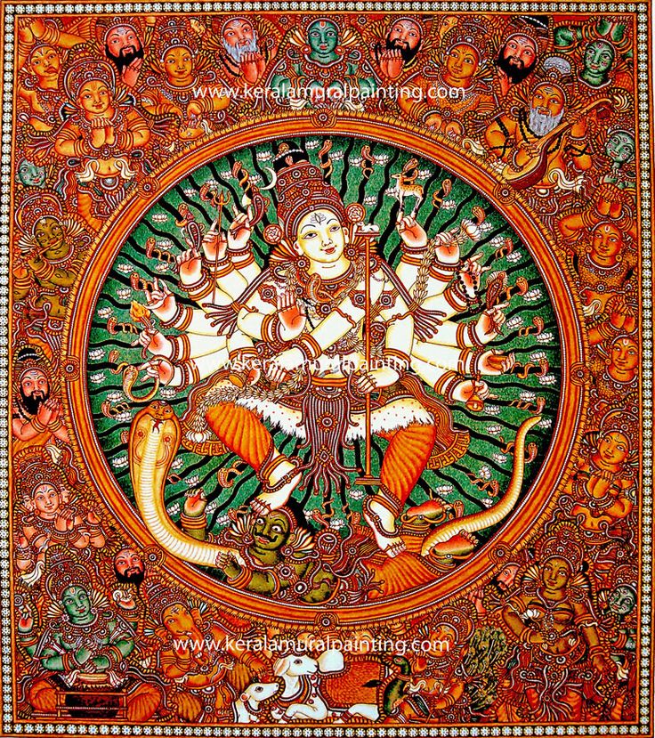 an intricately decorated painting depicting the hindu god and his animal, surrounded by other animals