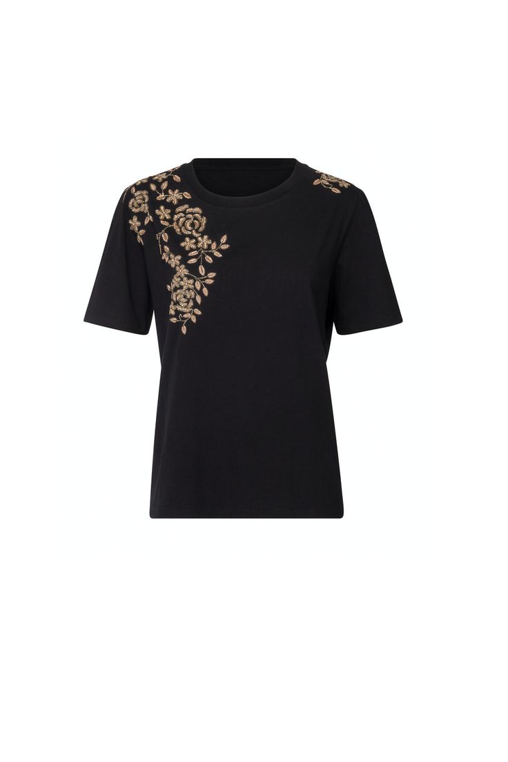 Cotton Embellished Short Sleeve T-shirt, Embellished Cotton Short Sleeve T-shirt, Elegant Embellished Cotton Tops, Elegant Crew Neck Cotton T-shirt, Classic Silhouette, Cotton T Shirt, Cotton Tshirt, Composition, Dry Clean