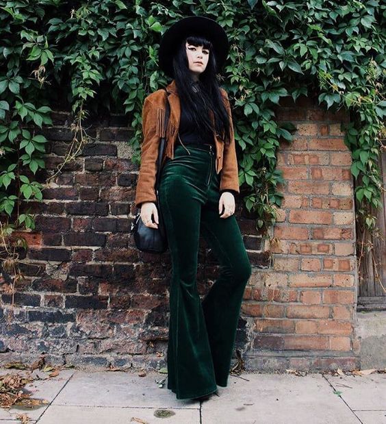 Green Velvet Bell Bottoms, Western Velvet Pants Outfit, Goth Luxury Outfit, Green And Rust Outfit, Green Velvet Bell Bottoms Outfit, Harness Sweater Outfit, Green Tartan Pants Outfit, Moody Outfits For Women, Moody Winter Outfits