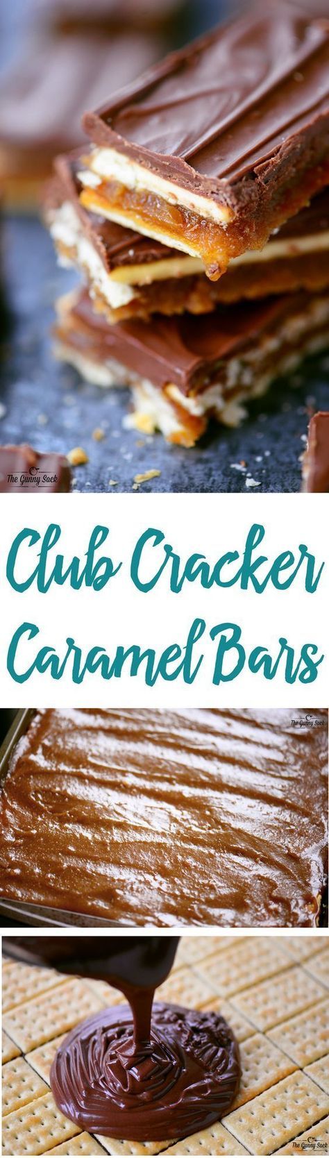 chocolate cracker caramel bars are stacked on top of each other with the words, club cracker caramel bars