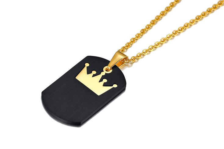 Our Matching Engravable King and Queen Crown Necklaces Set for Couples is suitable for everyday wear. Personalize the pendants with names or any text of your choice in local languages and unique symbols which make the jewelry a romantic Christmas and Valentines gift for men and women. Material: Stainless Steel Men Chain Length: 50cm~19inch Women Chain Length: 50cm~19inch Personalized Black Metal Necklaces, Customizable Black Stainless Steel Necklaces, Father's Day Stainless Steel Nameplate Jewelry, Customized Black Stainless Steel Necklace, Personalized Metal Dog Tag Jewelry, Personalized Black Pendant Jewelry, Personalized Black Round Pendant Jewelry, Personalized Black Pendant Necklace, Black Pendant Jewelry For Personalized Gift