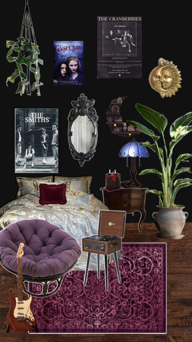 a bedroom with purple furniture and pictures on the wall