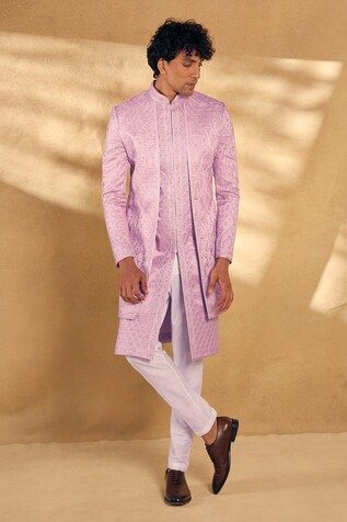 Onion pink overlap panel sherwani with embroidered geometric patterns. Comes with pant. - Aza Fashions Fitted Pink Bandhgala With Zari Work, Fitted Pink Sherwani For Reception, Fitted Pink Sherwani With Dabka Details, Fitted Pink Sherwani With Chikankari Embroidery, Pink Fitted Sherwani With Chikankari Embroidery, Pink Fitted Sherwani For Designer Wear, Fitted Pink Bandhgala For Diwali, Pink Fitted Bandhgala With Traditional Drape, Pink Fitted Bandhgala For Diwali