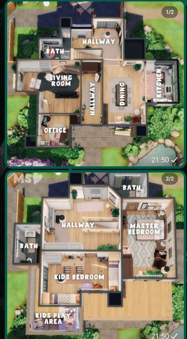 the floor plan for a house with two levels and three rooms on each level,