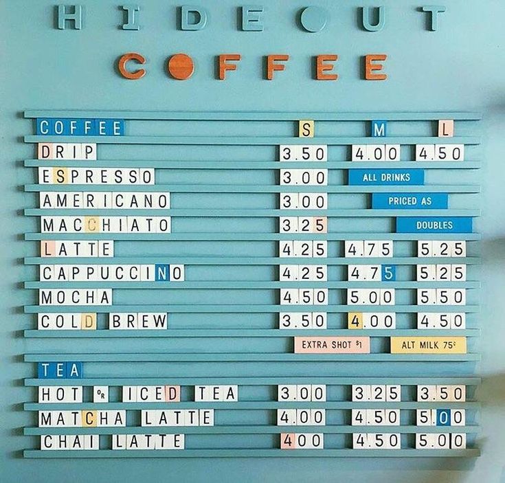 a coffee shop sign with letters and numbers on it that spell out the names of different types of coffee