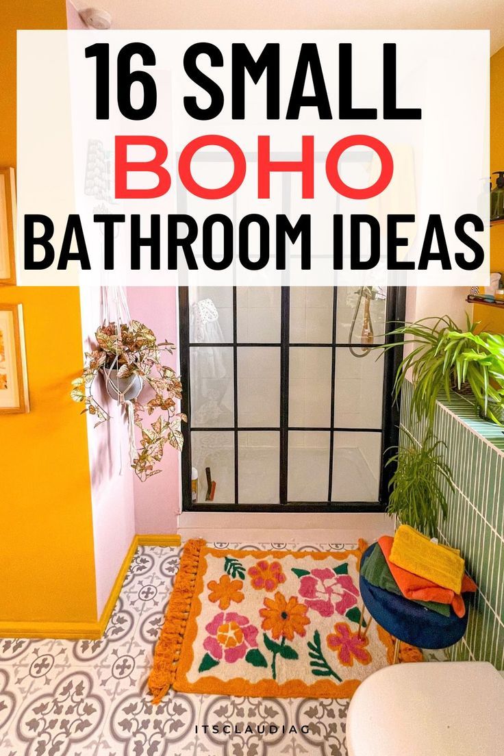 the bathroom is decorated in bright colors and has an area rug with flowers on it that says, 16 small boho bathroom ideas