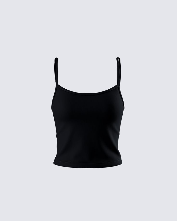 Takin’ it back to the basics with this one 😙 With a timeless and versatile look, this black cami tank top, made from double knit fabric and complete with adjustable straps and fitted style, is the most classic closet essential 🖤 Dream Clothes Black, Different Tank Top Styles, All Black Wardrobe Closet, Black Tank Top Png, Cute Basic Tops, Black Crop Top Aesthetic, Black Cami Top Outfit, Fitted Tops Outfit, Black Tank Top Outfit