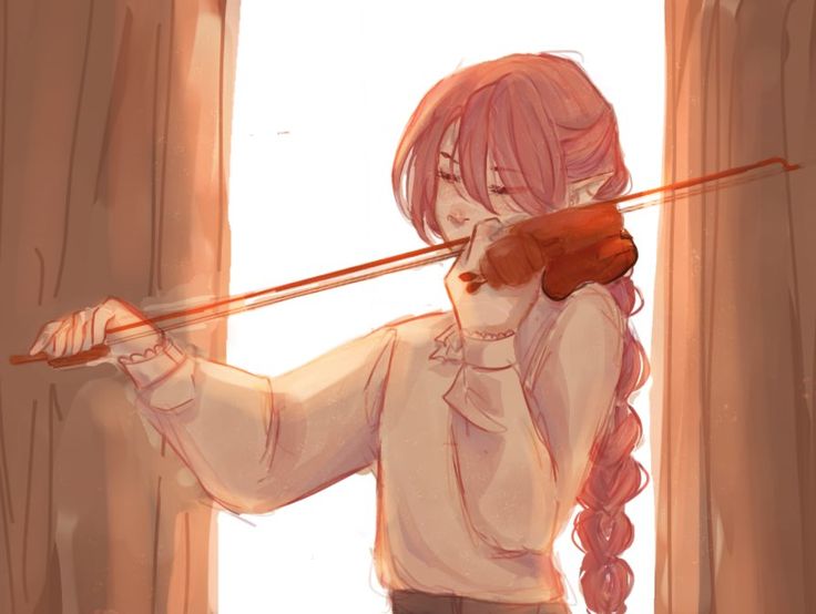 a girl with long pink hair holding a violin in front of her face and looking out the window